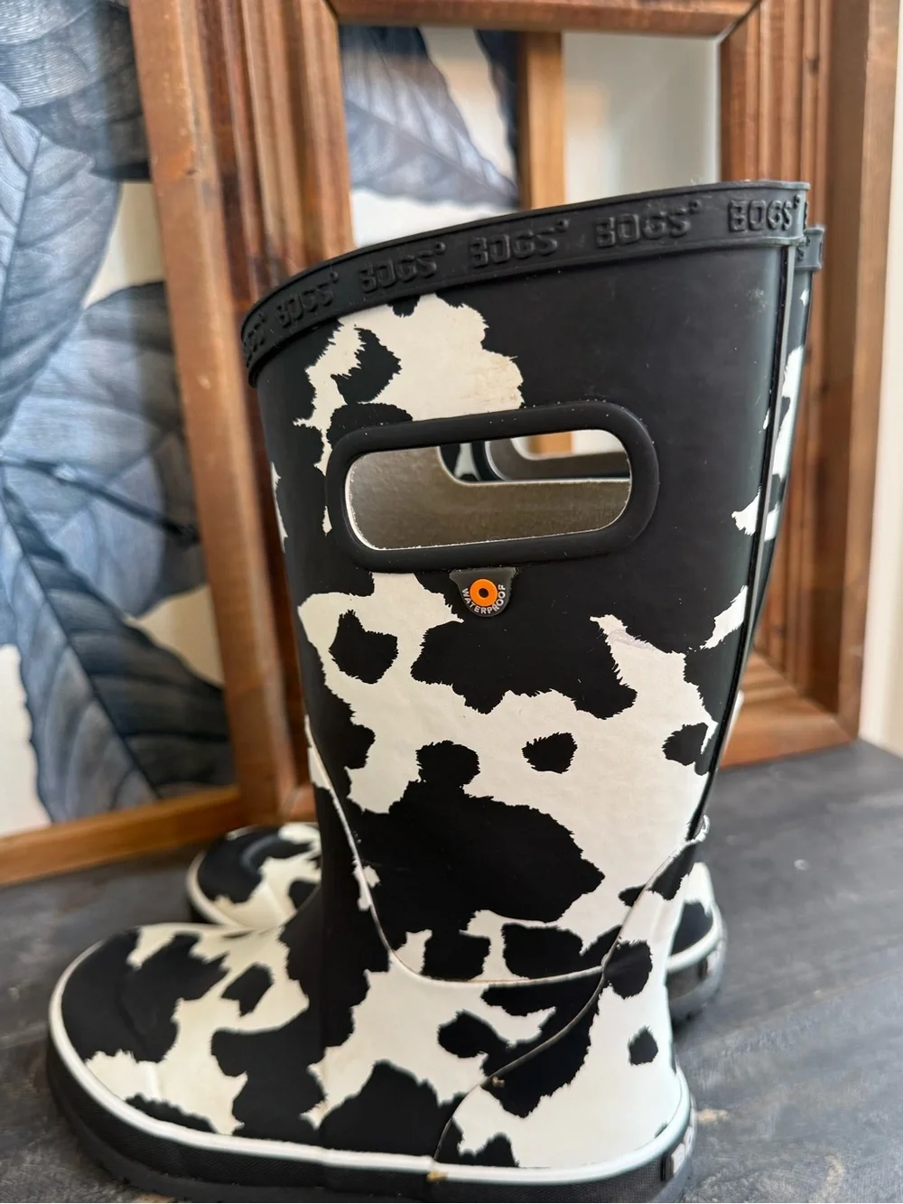 Bogs Cow Print Rain Boots  Kids Size 1 Black White Waterproof Rubber Boots